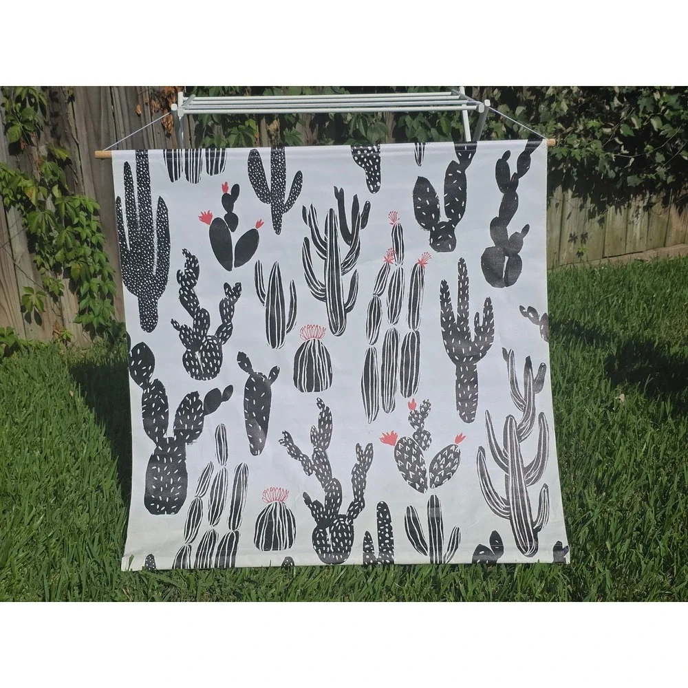 Cactus Wall Hanging Black White Canvas Tapestry Desert Decor Pink Flowers 40x40